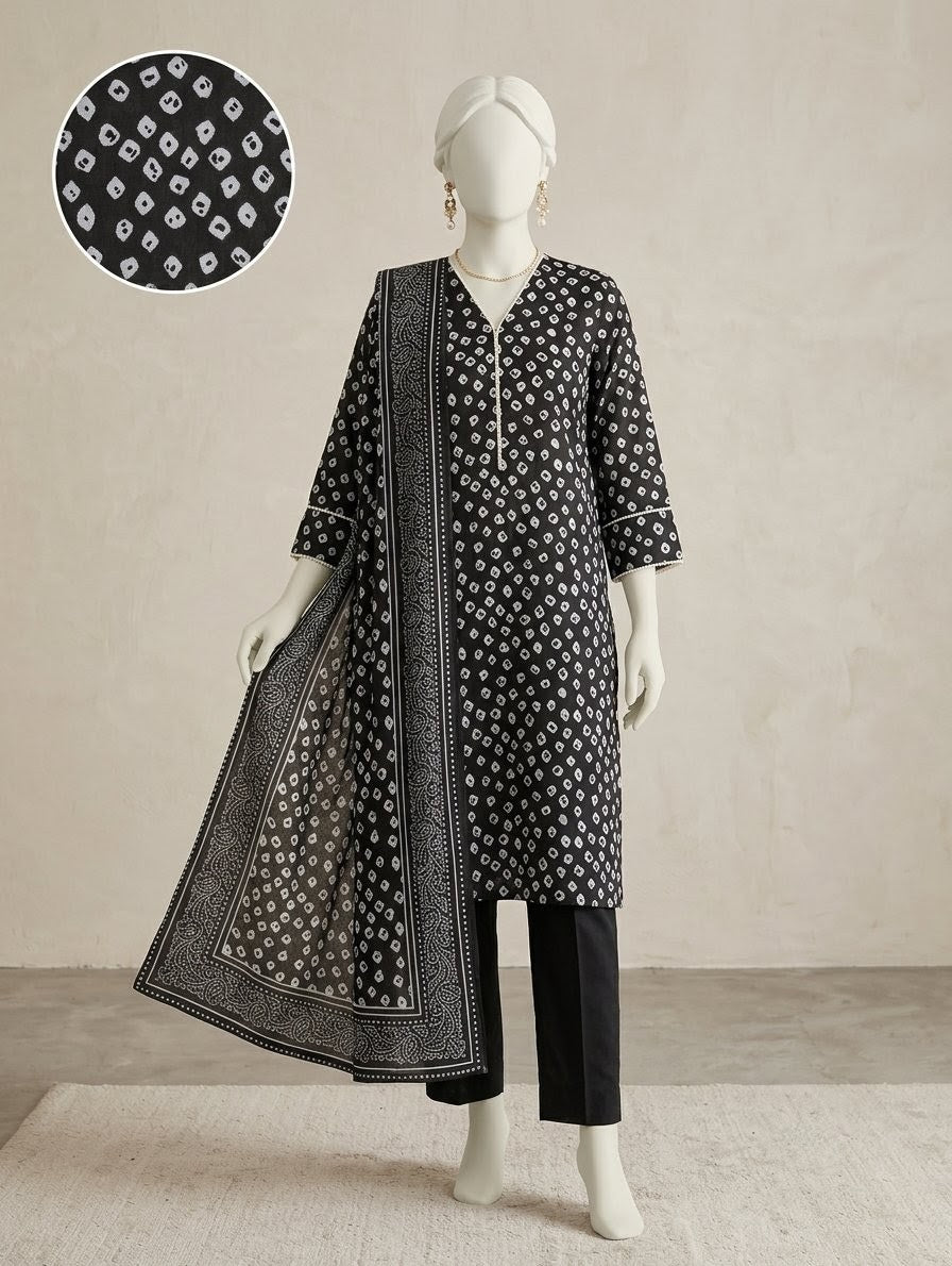 Finest Quality Lawn Unstitched 3 Piece Suit - Hamnaaz Black Bandhani Dot Print