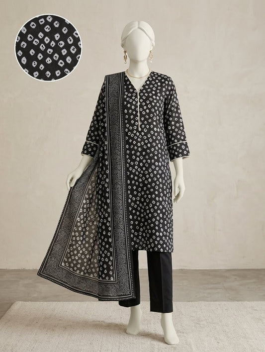 Finest Quality Lawn Unstitched 3 Piece Suit - Hamnaaz Black Bandhani Dot Print
