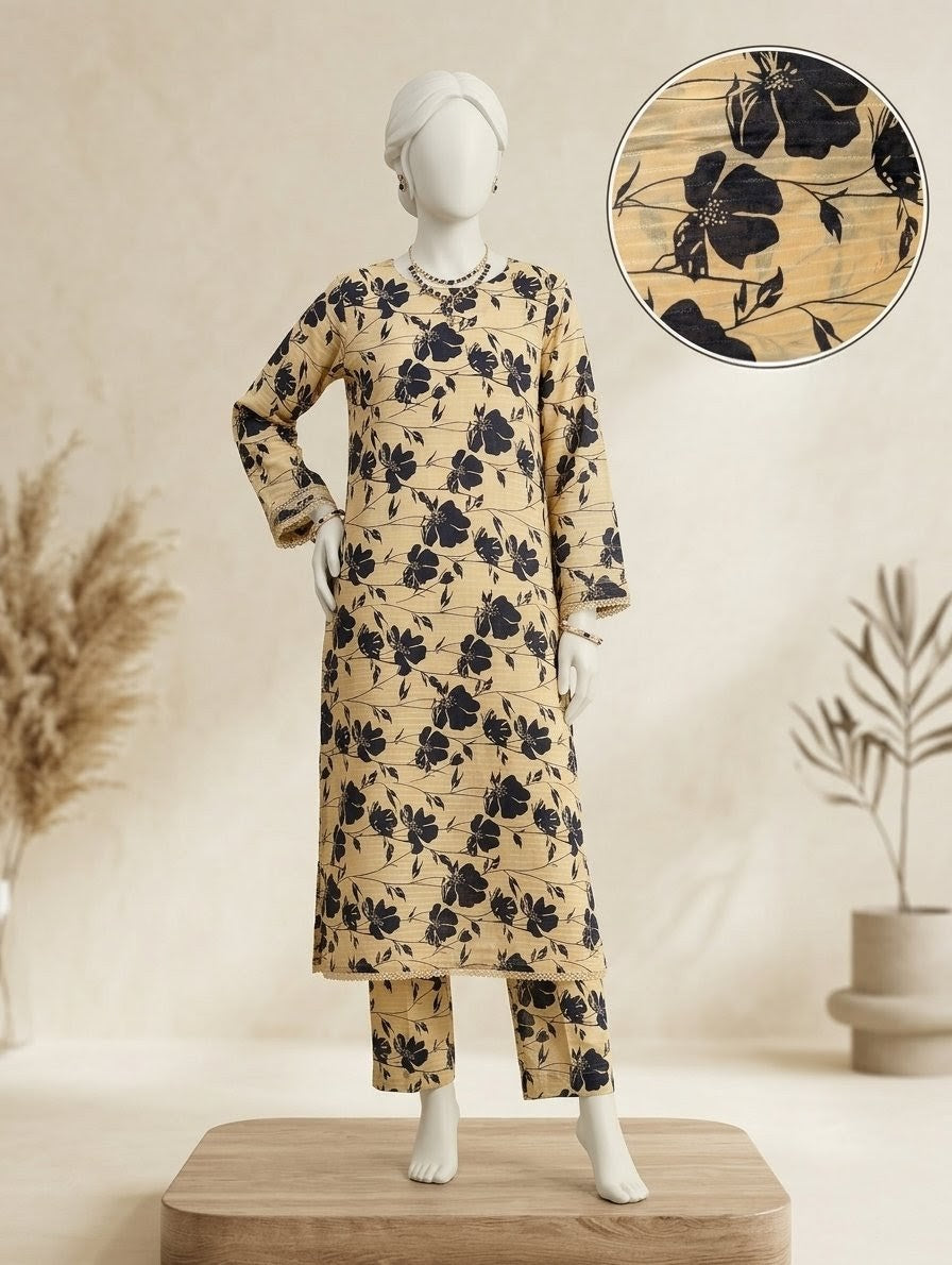 Finest Quality Lawn Unstitched 2 Piece Suit - Hamnaaz Beige Black Bold Floral Print
