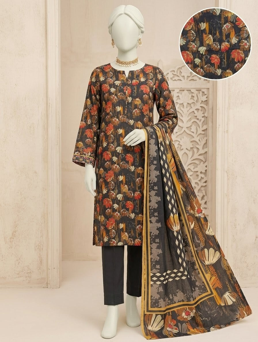 Finest Quality Lawn Unstitched 3 Piece Suit - Hamnaaz Charcoal Autumnal Floral Print