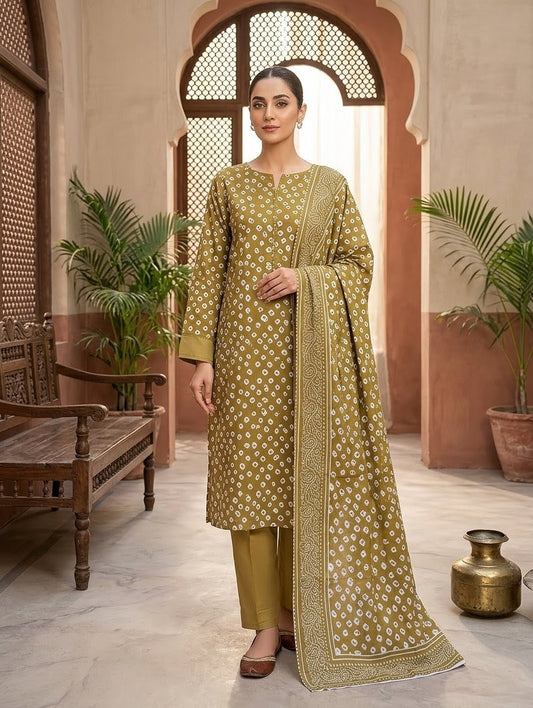 Finest Quality Lawn Unstitched 3 Piece Suit - Hamnaaz Olive Bandhani Print