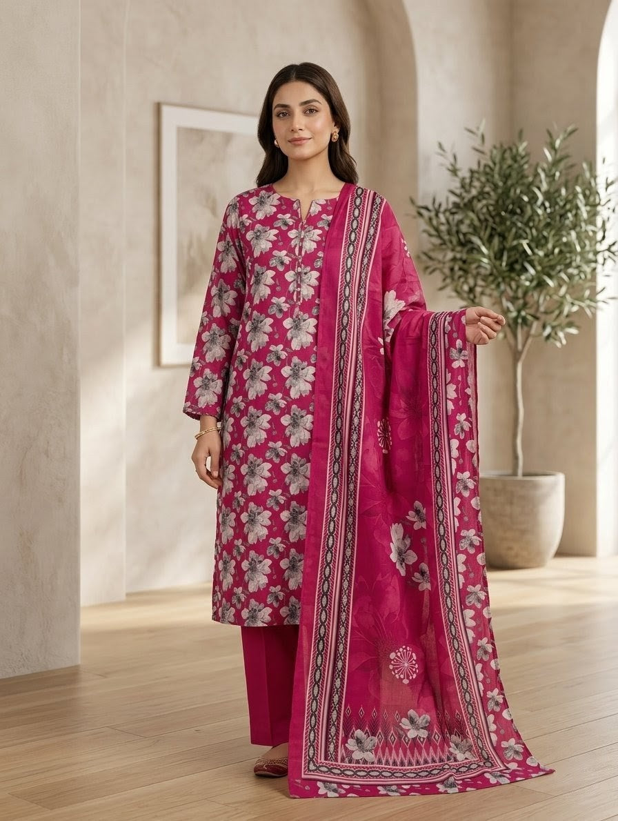 Finest Quality Lawn Unstitched 3 Piece Suit - Hamnaaz Magenta Floral Print