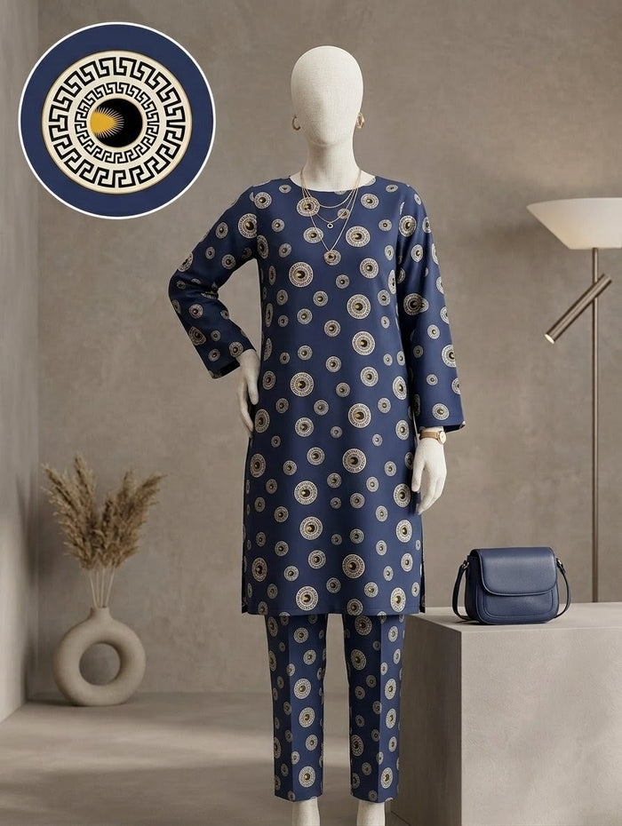 Finest Quality linen Unstitched 2 Piece Suit - Hamnaaz Navy Gold Geometric Medallion Print