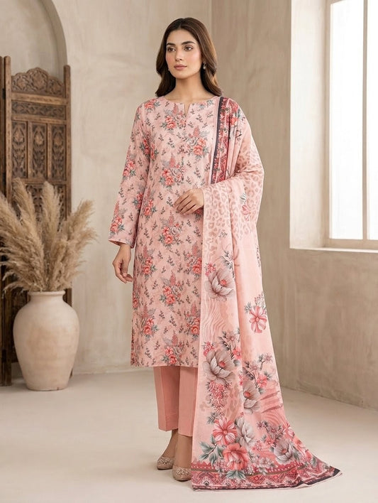 Finest Quality Lawn Unstitched 3 Piece Suit - Hamnaaz Peach Botanical Floral Print