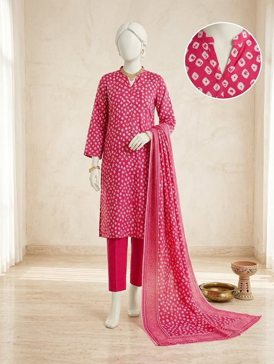 Finest Quality Lawn Unstitched 3 Piece Suit - Hamnaaz Vibrant Pink Bandhani Print