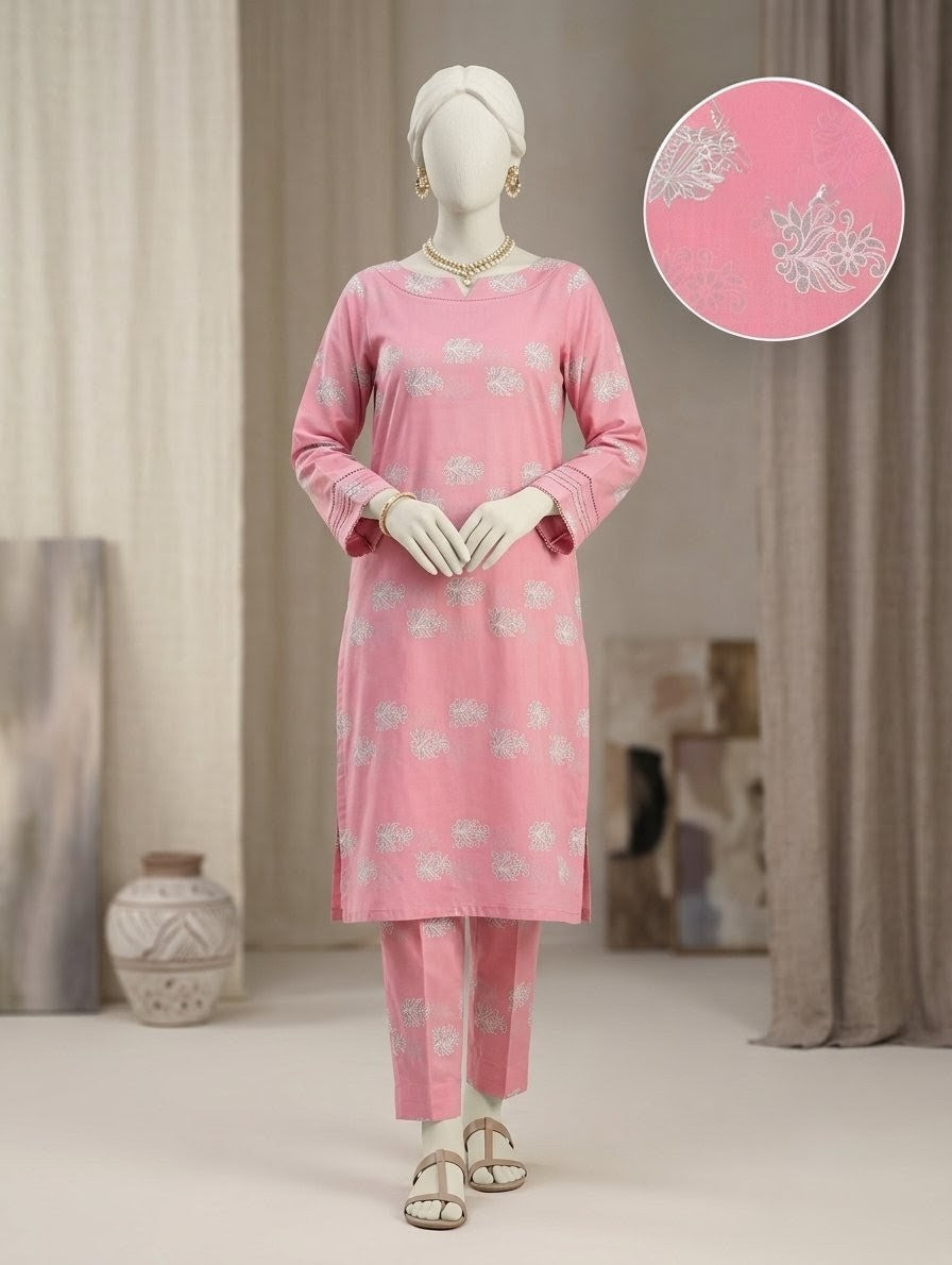 Finest Quality Lawn Unstitched 2 Piece Suit - Hamnaaz Soft Pink Silver Motif Print