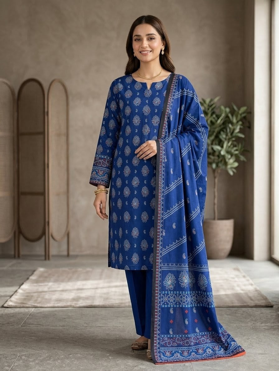 Finest Quality Lawn Unstitched 3 Piece Suit - Hamnaaz Royal Blue Motif Print