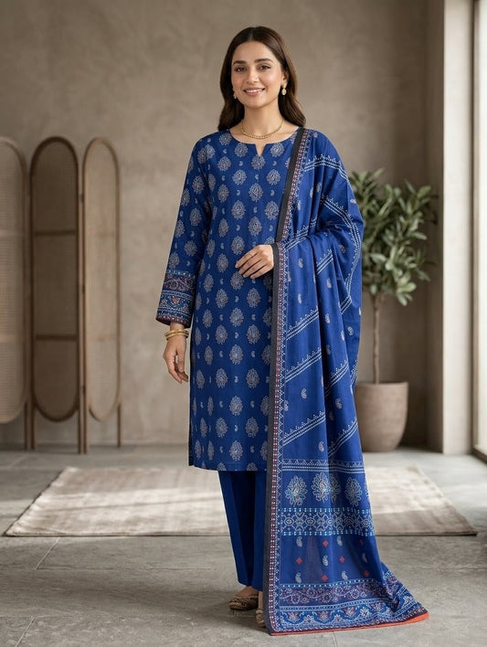 Finest Quality Lawn Unstitched 3 Piece Suit - Hamnaaz Royal Blue Motif Print