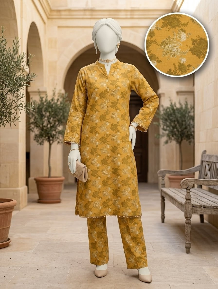 Finest Quality Lawn Unstitched 2 Piece Suit - Hamnaaz Mustard Antique Floral Print