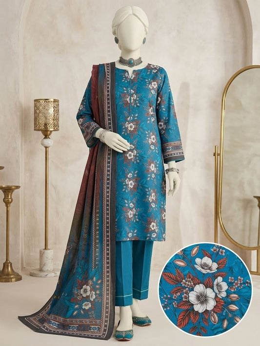 Finest Quality Lawn Unstitched 3 Piece Suit - Hamnaaz Teal Floral Garden Print