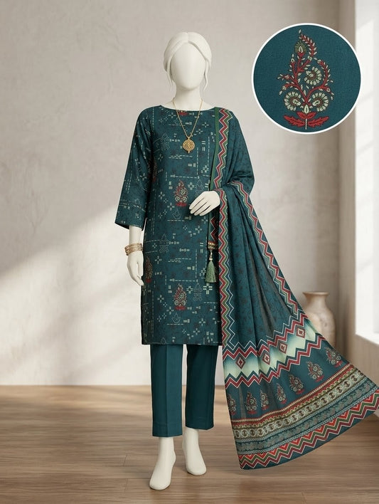 Finest Quality Lawn Unstitched 3 Piece Suit - Hamnaaz Deep Teal Paisely Border Print