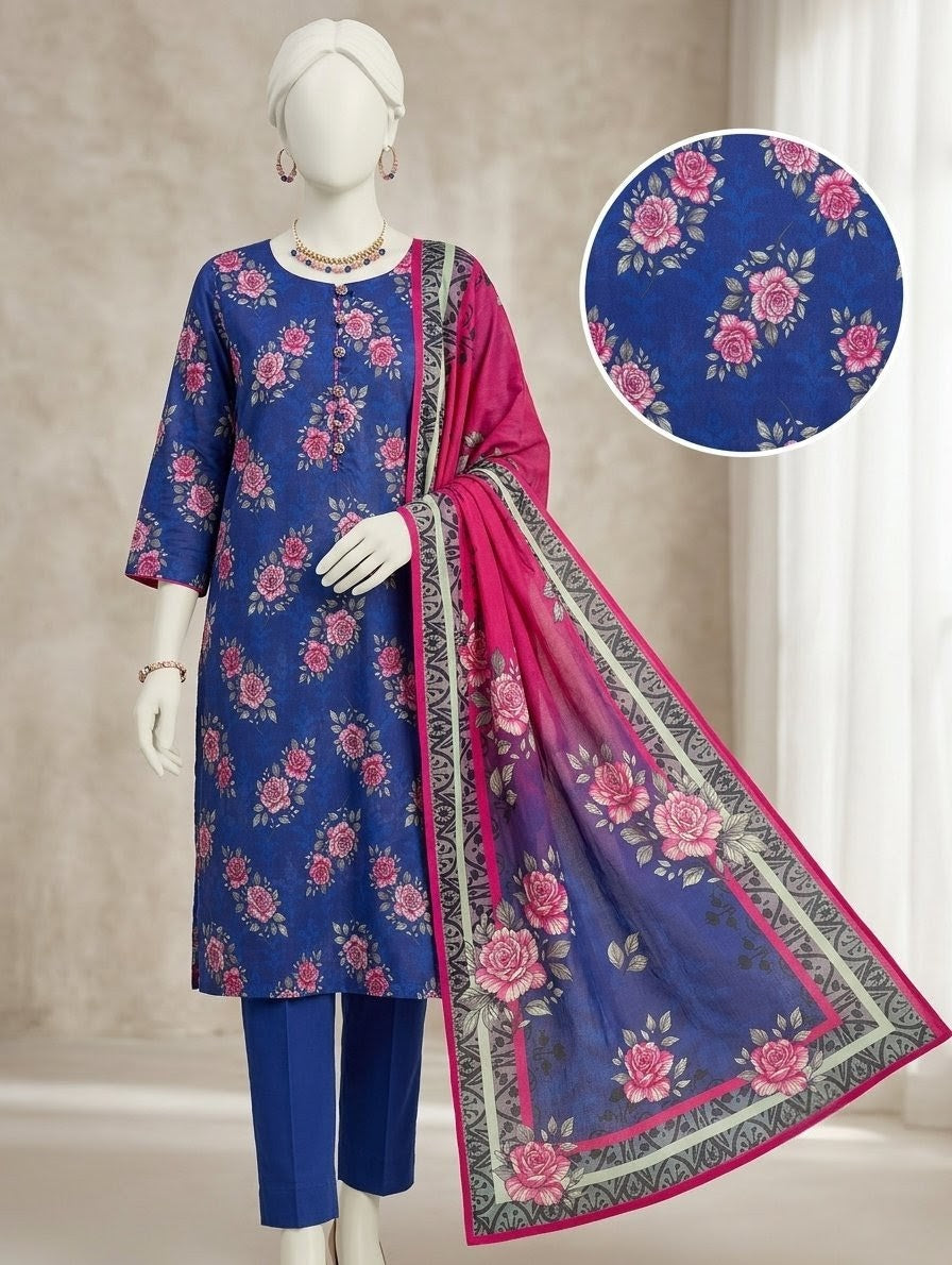 Finest Quality Lawn Unstitched 3 Piece Suit - Hamnaaz Blue Rose Garden Print