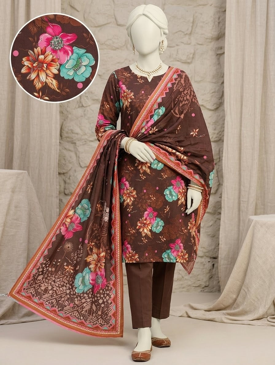 Finest Quality Lawn Unstitched 3 Piece Suit - Hamnaaz Brown Floral Meadow Print