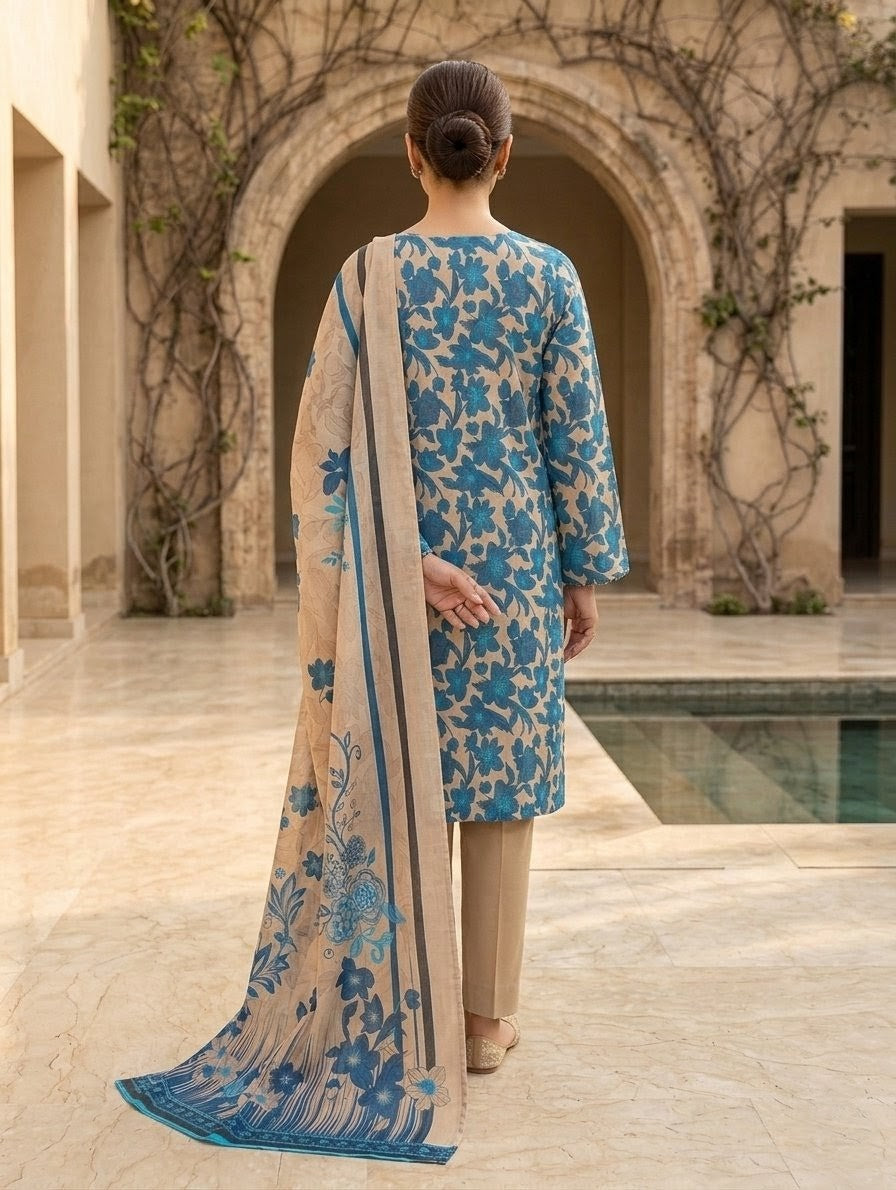 Finest Quality Lawn Unstitched 3 Piece Suit - Hamnaaz Cream & Blue Floral Print