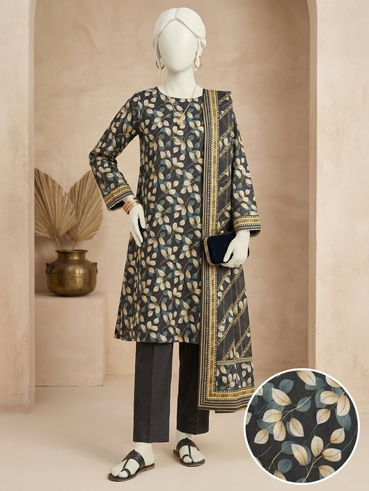 Finest Quality Lawn Unstitched 3 Piece Suit - Hamnaaz Charcoal Leaf Silhouette Print