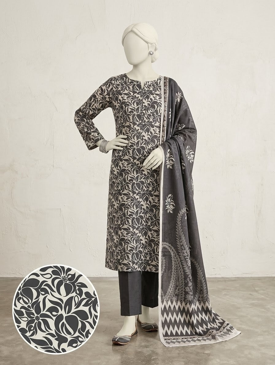 Finest Quality Lawn Unstitched 3 Piece Suit - Hamnaaz Monochrome Leaf Pattern Print