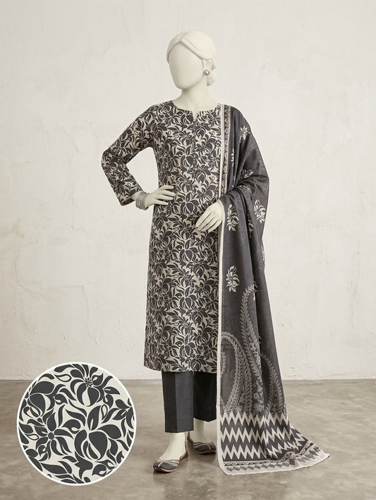 Finest Quality Lawn Unstitched 3 Piece Suit - Hamnaaz Monochrome Leaf Pattern Print