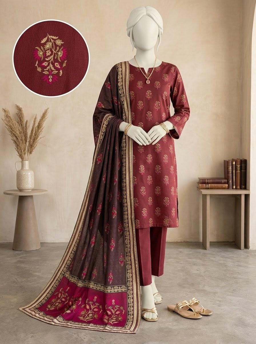 Finest Quality Lawn Unstitched 3 Piece Suit - Hamnaaz Maroon Elegant Motif Print