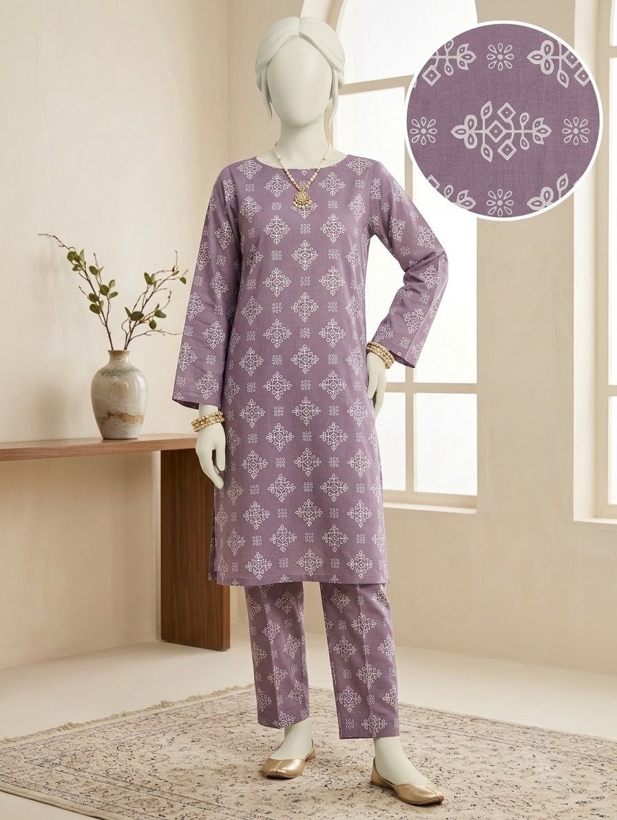 Finest Quality Lawn Unstitched 2 Piece Suit - Hamnaaz Lavender White Geometric Motif Print