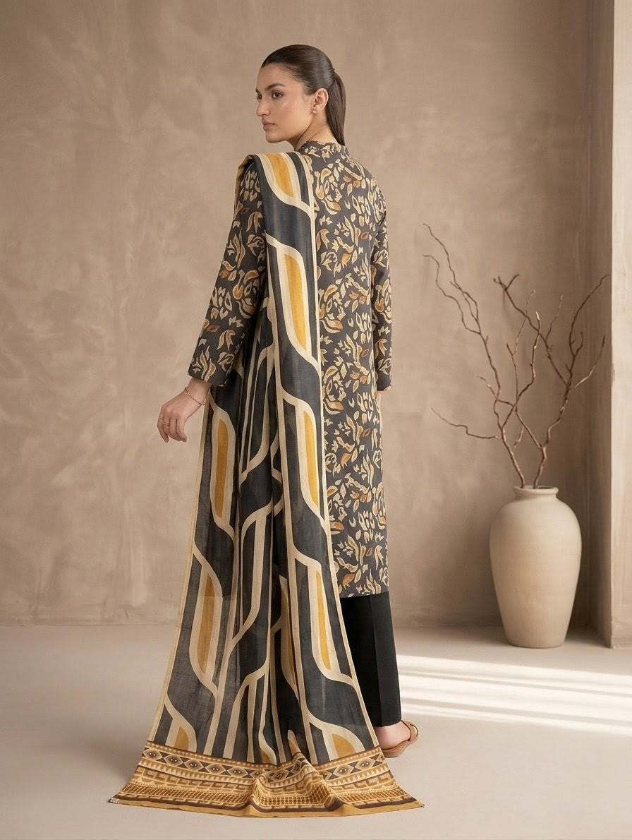 Finest Quality Lawn Unstitched 3 Piece Suit - Hamnaaz Black & Mustard Abstract Leaf Print