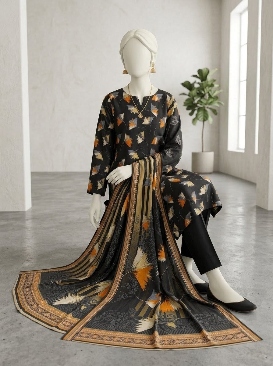 Finest Quality linen Unstitched 3 Piece Suit - Hamnaaz black Floral Cluster Print