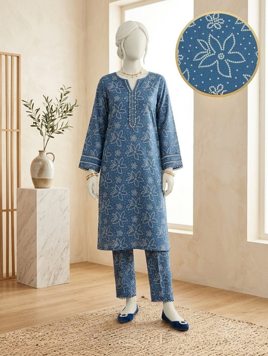 Finest Quality Lawn Unstitched 2 Piece Suit - Hamnaaz Indigo Starflower Print