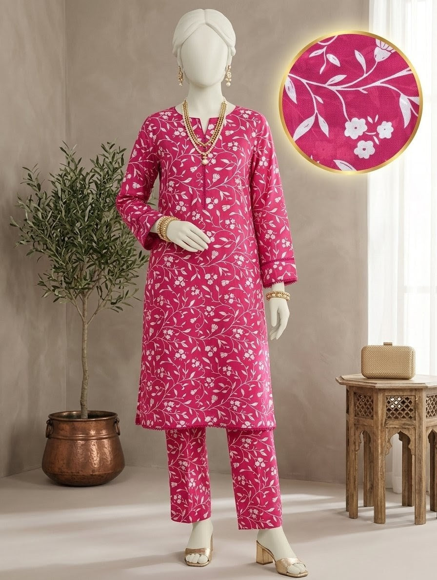 Finest Quality Lawn Unstitched 2 Piece Suit - Hamnaaz Fuchsia Botanical Vine Print