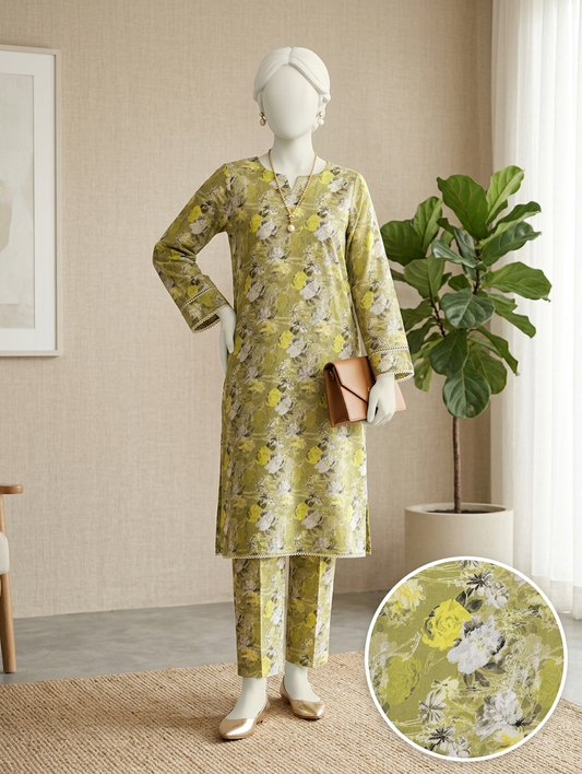 Finest Quality Lawn Unstitched 2 Piece Suit - Hamnaaz Olive Floral Meadow Print