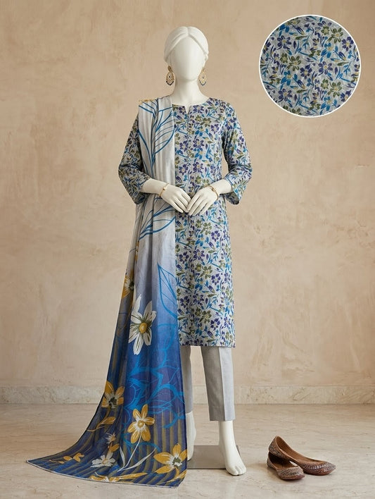 Finest Quality Lawn Unstitched 3 Piece Suit - Hamnaaz Grey Blue Dainty Floral Print