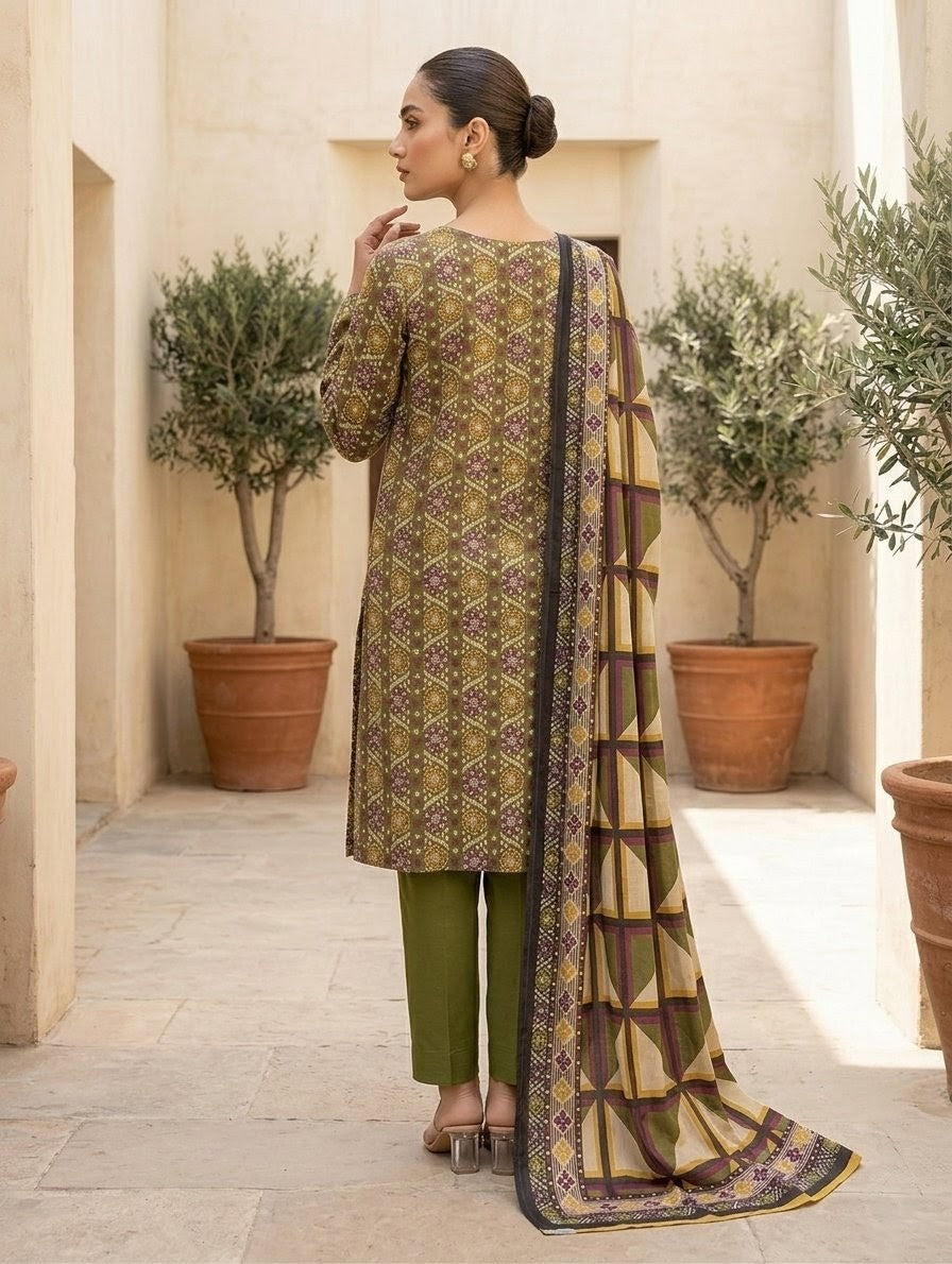 Finest Quality Lawn Unstitched 3 Piece Suit - Hamnaaz Olive Green Block Print