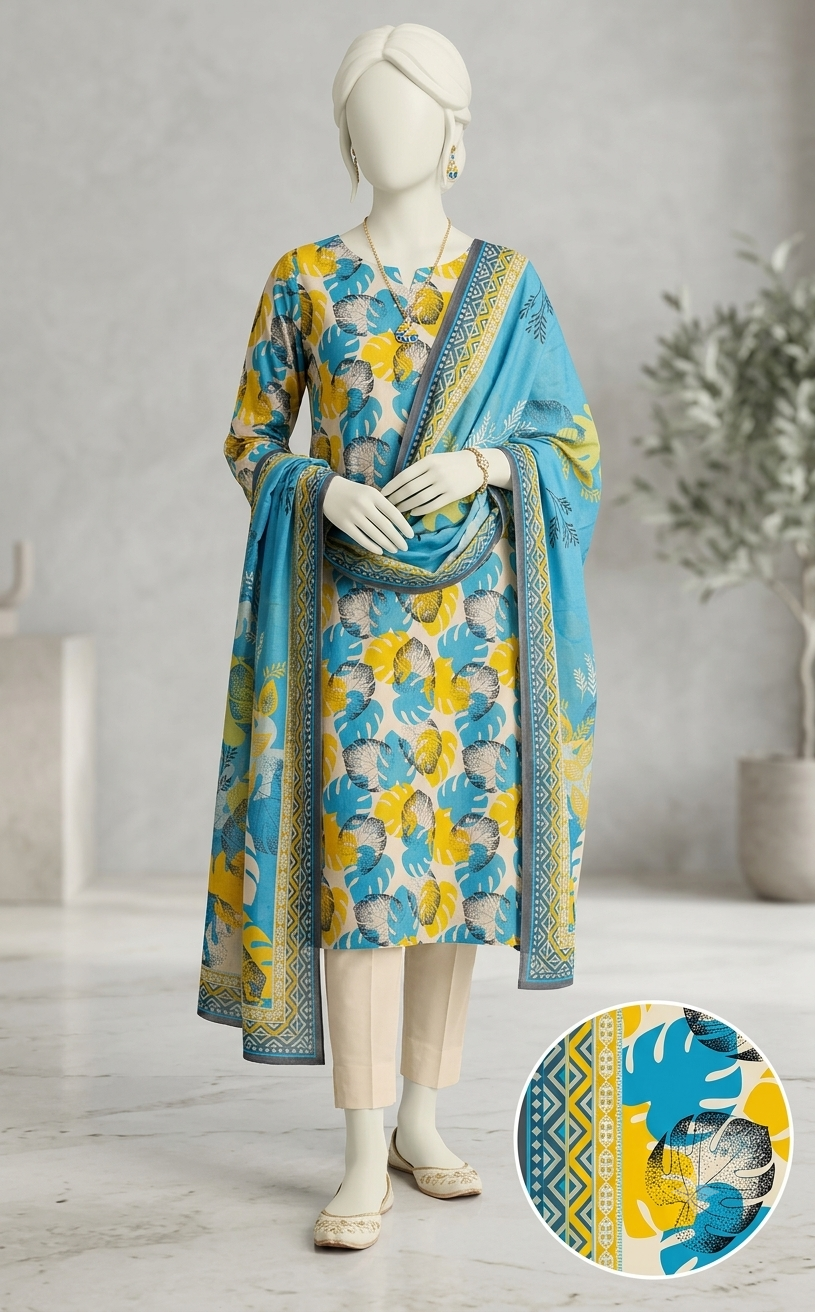 Finest Quality Lawn Unstitched 3 Piece Suit - Hamnaaz Sky Blue Abstract Leaf Print