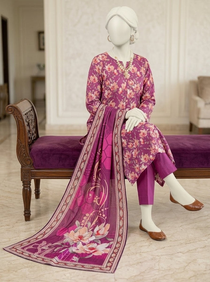Finest Quality linen Unstitched 3 Piece Suit - Hamnaaz Magenta Purple Floral Cluster Print