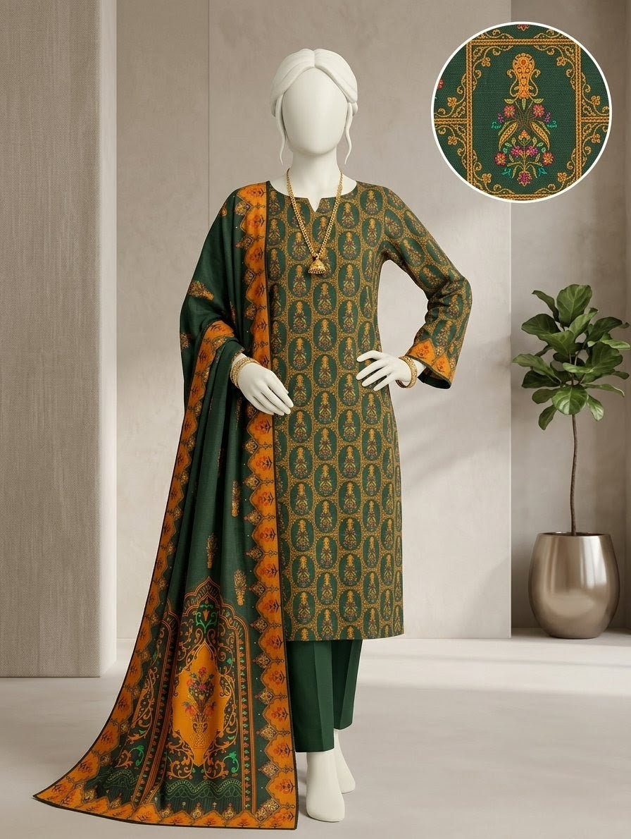 Finest Quality Doria Lawn Unstitched 3 Piece Suit - Hamnaaz Forest Green Ethnic Medallion Print