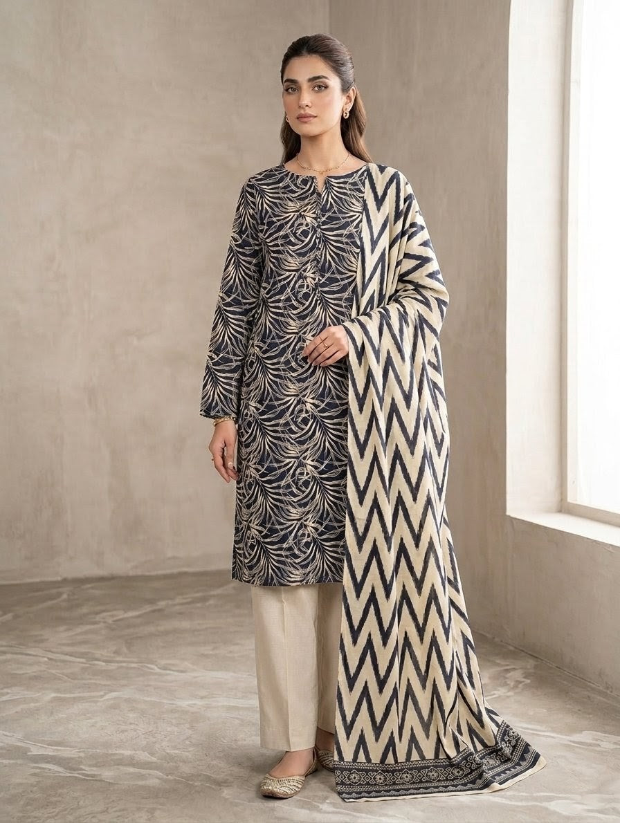 Finest Quality Lawn Unstitched 3 Piece Suit - Hamnaaz Navy Fern Print
