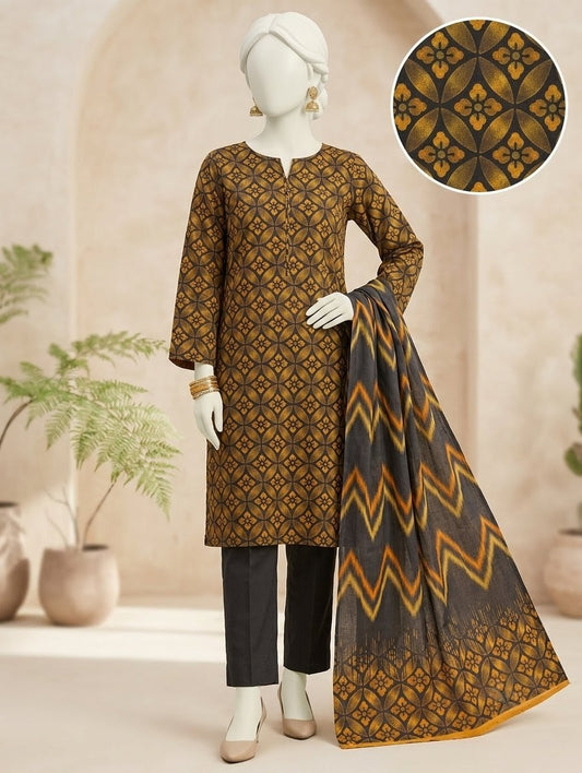 Finest Quality Lawn Unstitched 3 Piece Suit - Hamnaaz Mustard Geometric Floral Print
