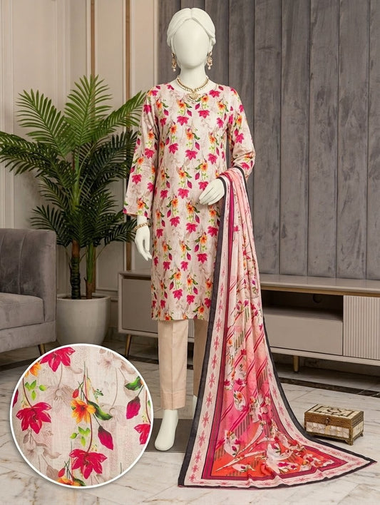 Finest Quality Lawn Unstitched 3 Piece Suit - Hamnaaz Pastel Peach Floral Vine Print