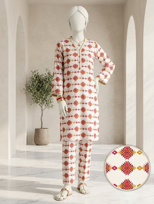 Finest Quality Lawn Unstitched 2 Piece Suit - Hamnaaz Off-White Geometric Diamond Print