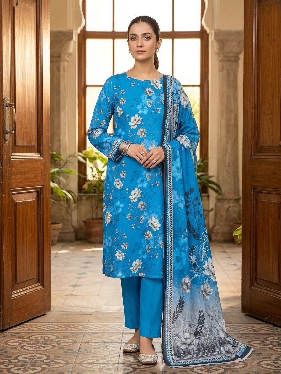 Finest Quality Lawn Unstitched 3 Piece Suit - Hamnaaz Azure Blossom Print