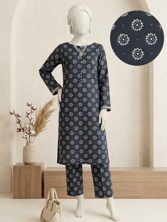 Finest Quality Lawn Unstitched 2 Piece Suit - Hamnaaz Charcoal Circular Mandala Print