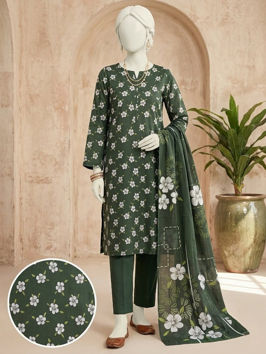 Finest Quality Lawn Unstitched 3 Piece Suit - Hamnaaz Forest Green White Floral Print