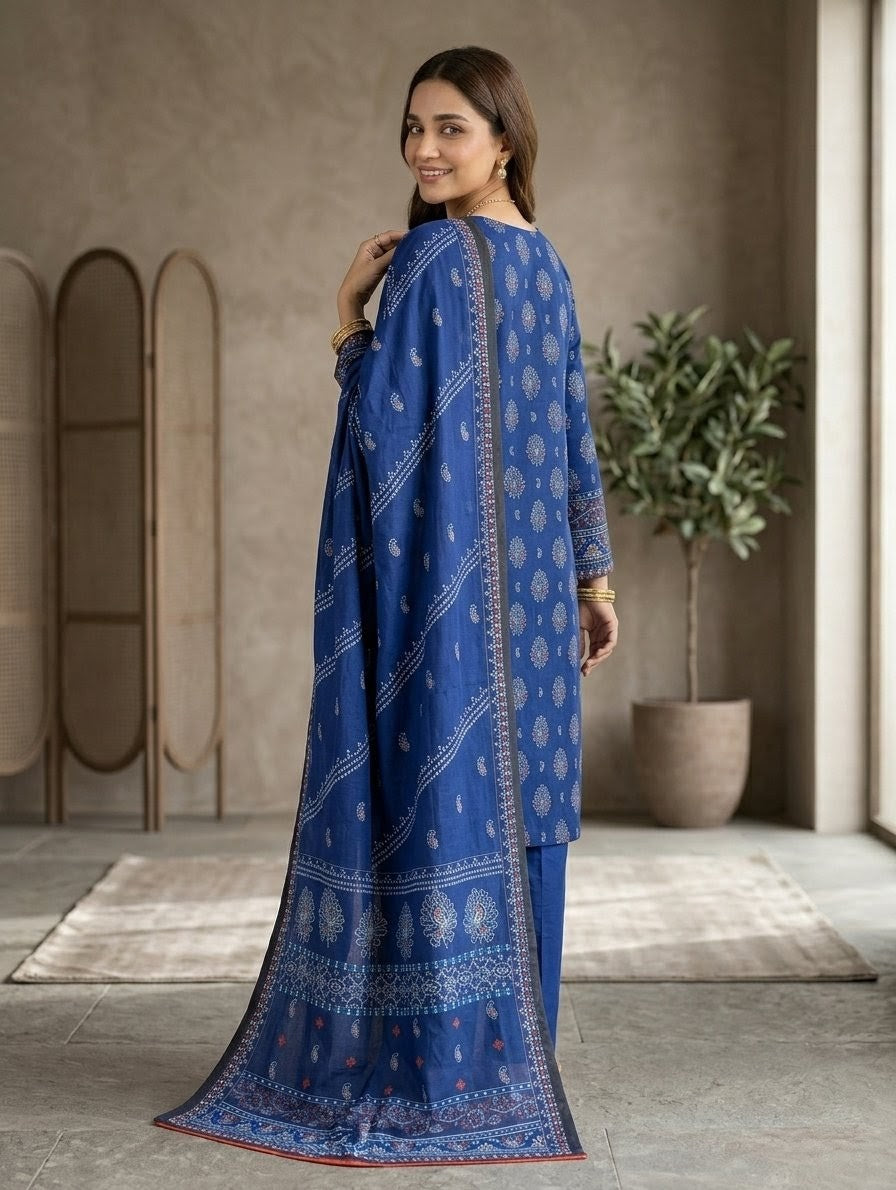 Finest Quality Lawn Unstitched 3 Piece Suit - Hamnaaz Royal Blue Motif Print