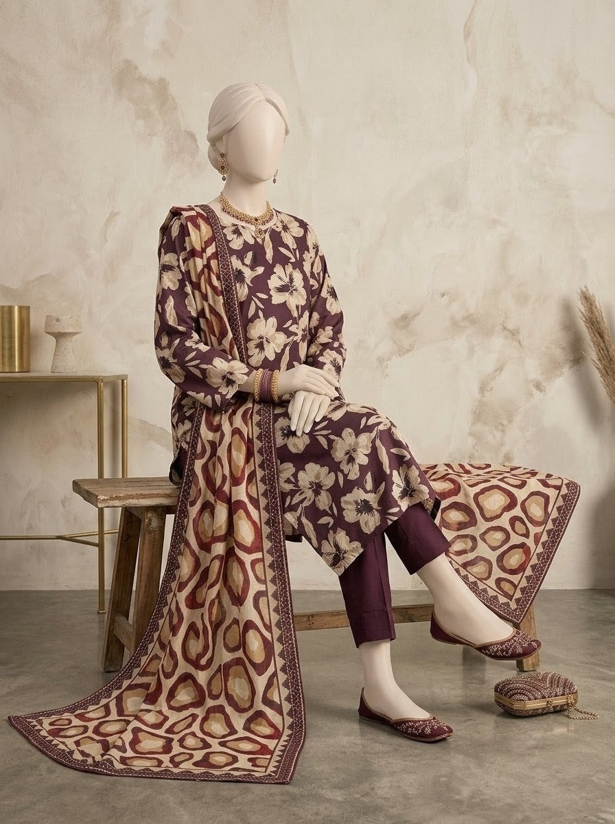 Finest Quality Lawn Unstitched 3 Piece Suit - Hamnaaz Deep Plum Bold Floral Print