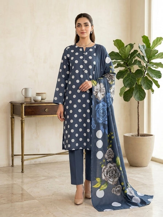 Finest Quality Lawn Unstitched 3 Piece Suit - Hamnaaz Slate Polka Dot Print
