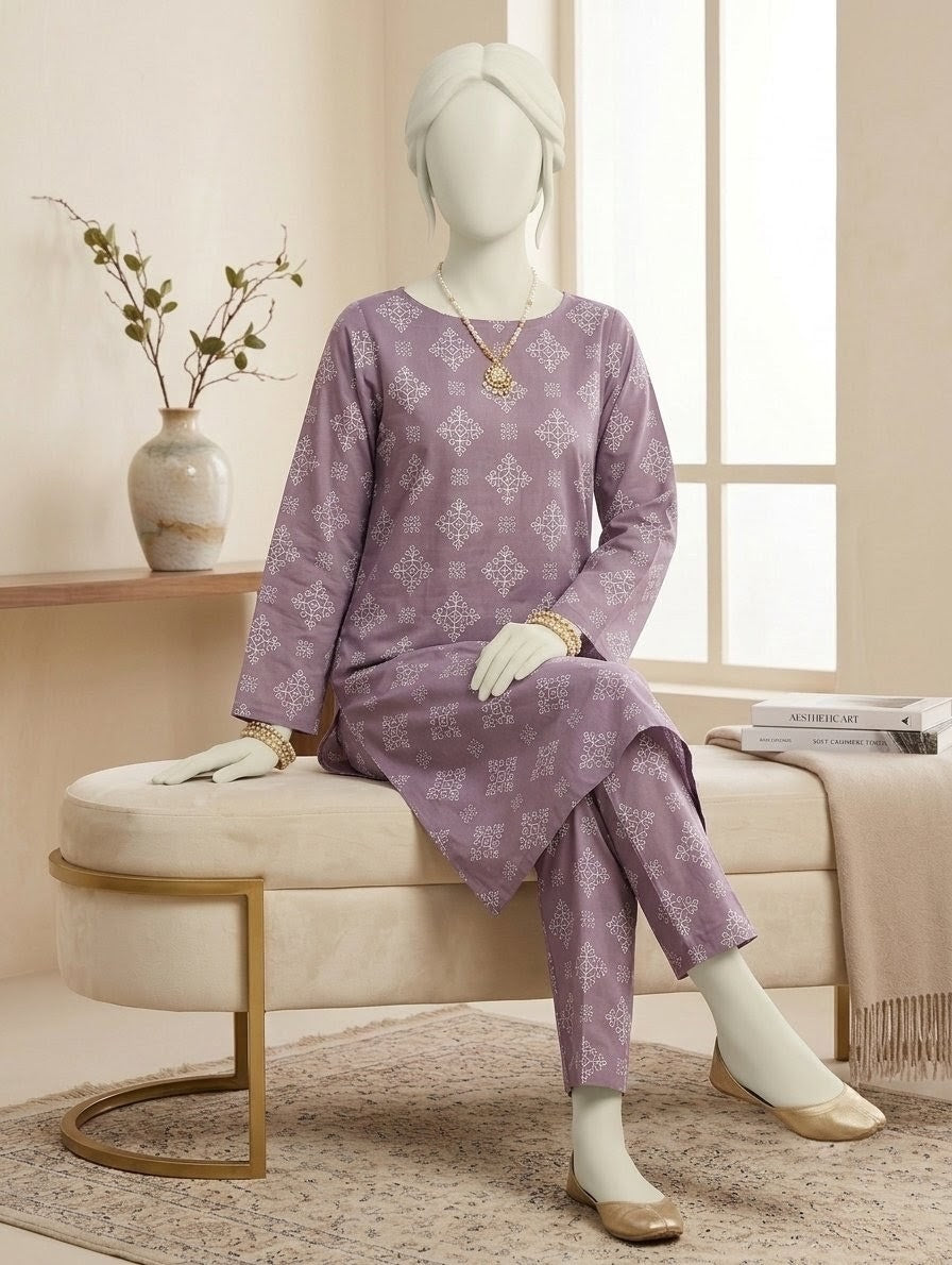 Finest Quality Lawn Unstitched 2 Piece Suit - Hamnaaz Lavender White Geometric Motif Print