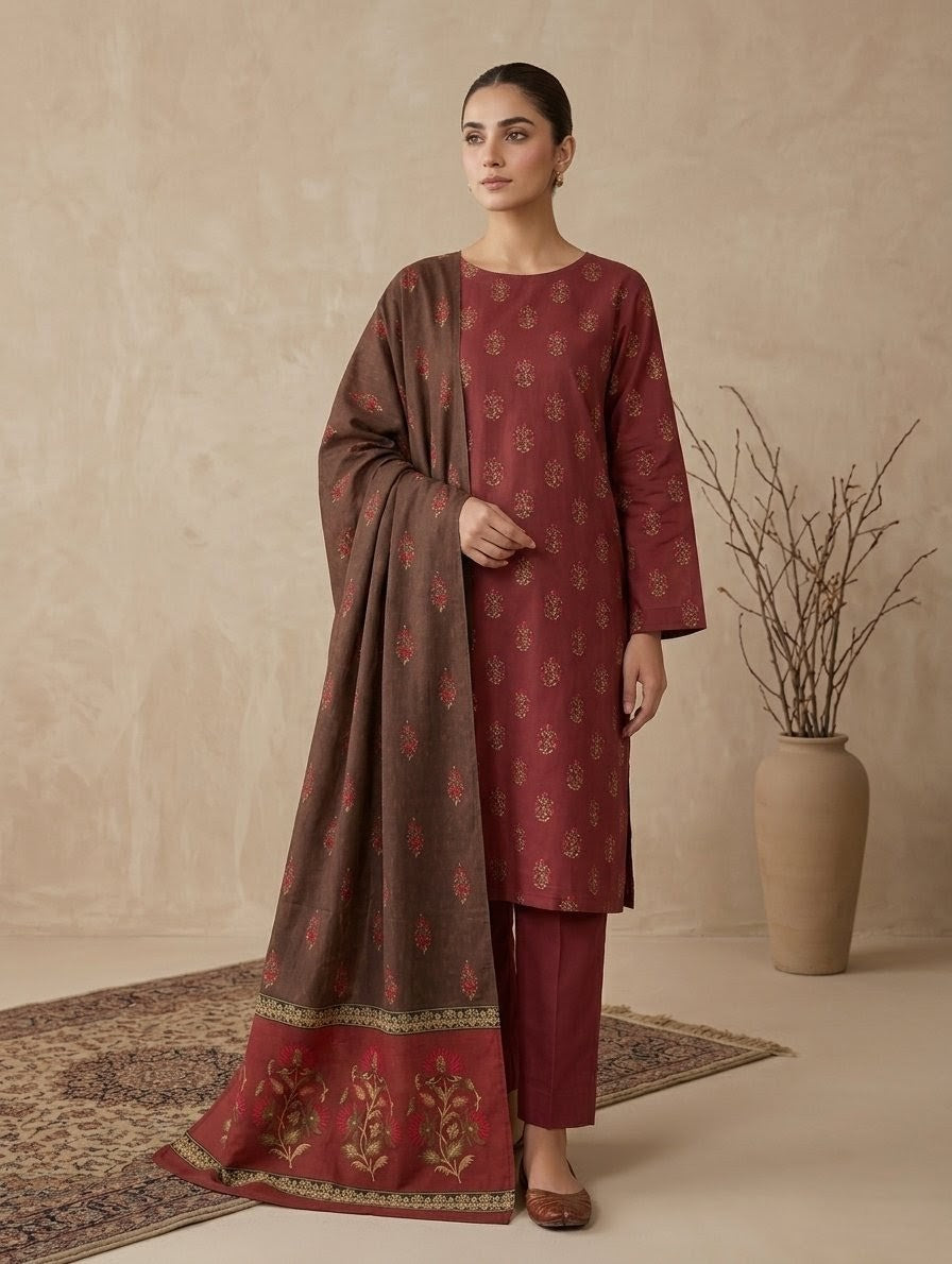 Finest Quality Lawn Unstitched 3 Piece Suit - Hamnaaz Maroon & Gold Motif Print