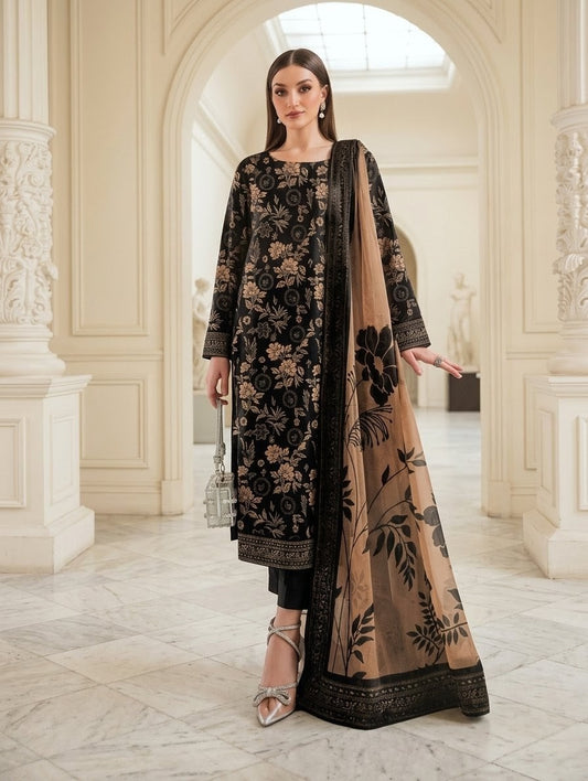 Golden Blossom Noir – 100% Original Hajra Lawn Unstitched (3-Piece) – Direct Factory Wholesale Price