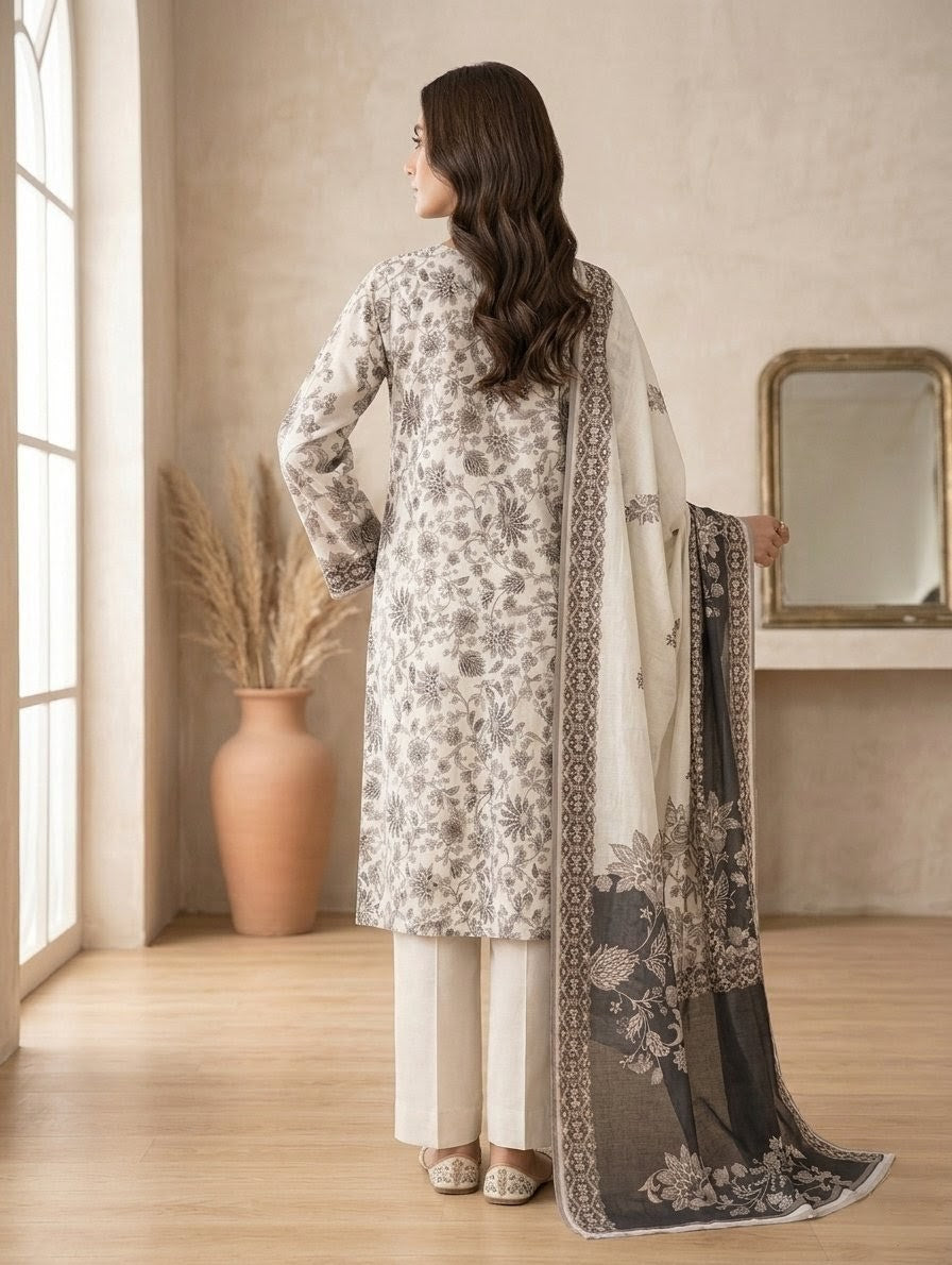 Finest Quality Lawn Unstitched 3 Piece Suit - Hamnaaz Off-White Delicate Floral Print