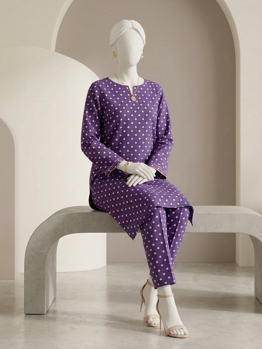Finest Quality lawn Unstitched 2 Piece Suit - Hamnaaz Purple Red Star Dot Print
