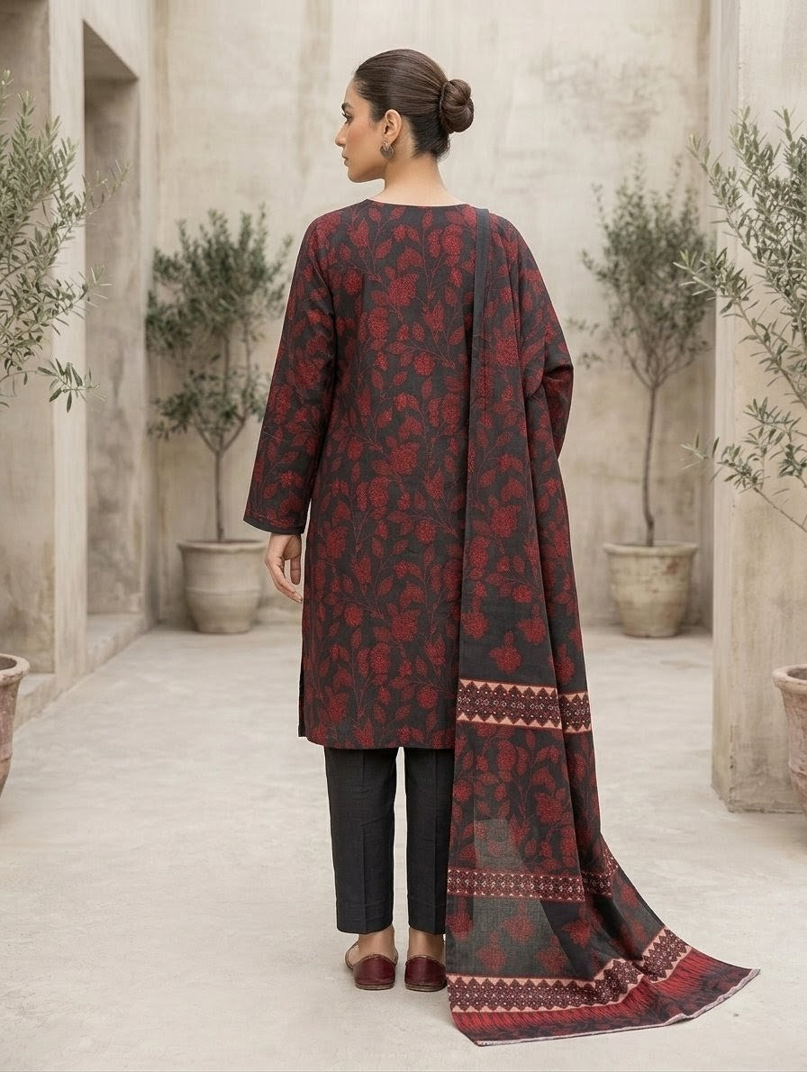 Finest Quality Lawn Unstitched 3 Piece Suit - Hamnaaz Charcoal & Deep Red Vine Print