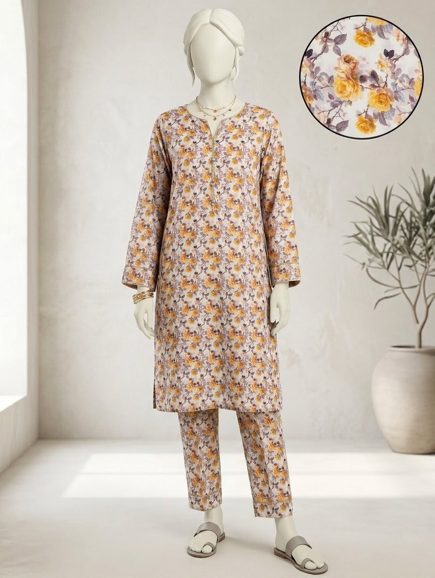 Finest Quality Lawn Unstitched 2 Piece Suit - Hamnaaz Soft Yellow Rose Petal Print